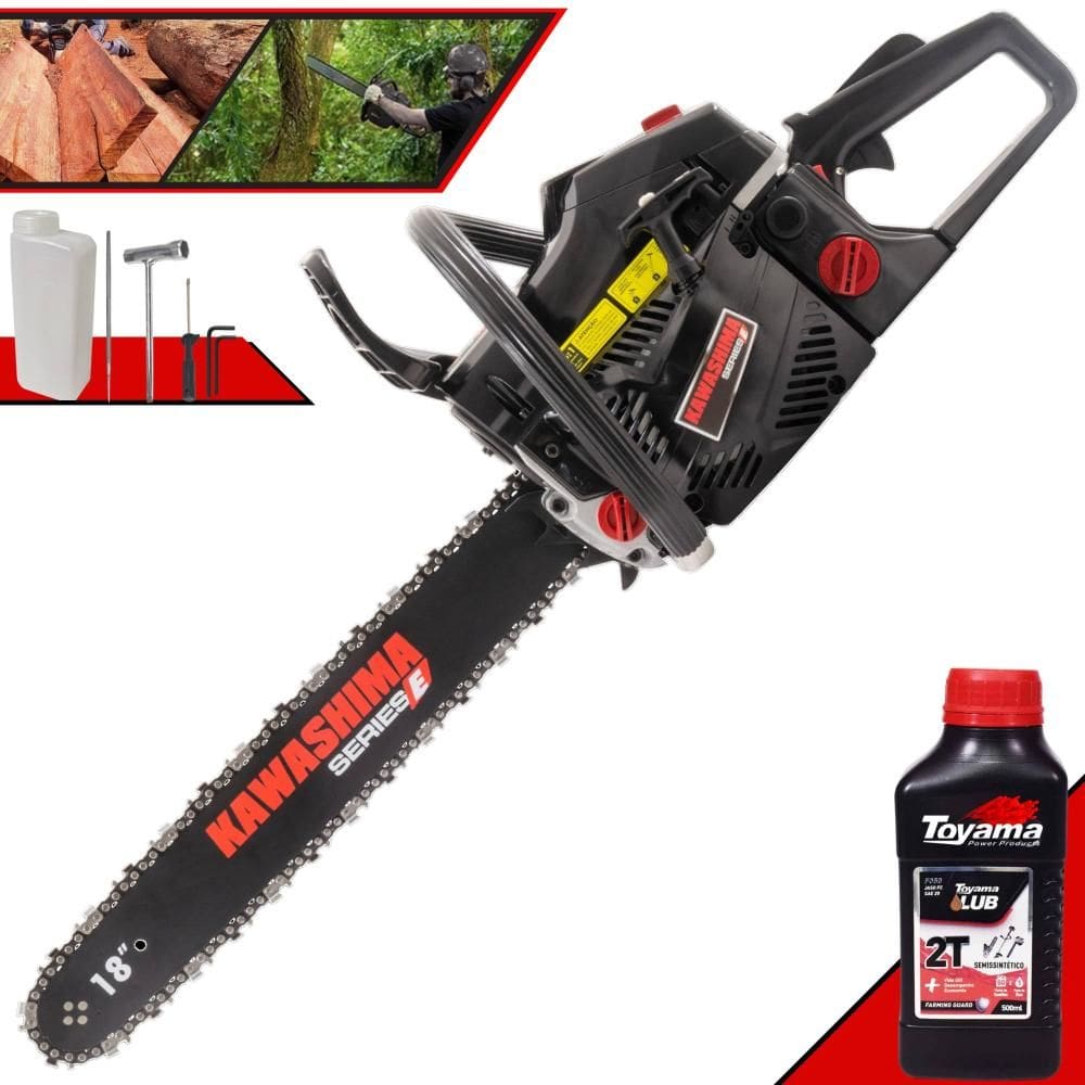 Motosserra Kawashima KCS520-E À Gasolina 2T 50,8cc Profissional Com Carcaça de Alumínio e Sabre 18’` Ideal Para Todos os Trabalhos + ÓLEO TOYAMA 2T