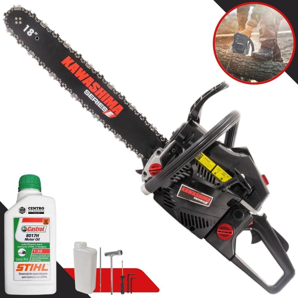 Motosserra Profissional Kawashima KCS 580E À Gasolina 2T 54cc Sabre 18 Polegadas Com Sistema Antivibração e Carcaça de Alumínio + ÓLEO STIHL 2T