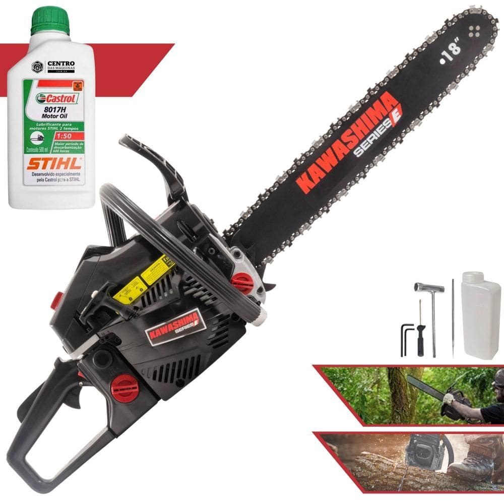 Motor Serra À Gasolina Kawashima KCS580E 54cc Alta Potência e Rotação Com Sabre 18’’ Carcaça de Alumínio e Sistema Antivibração + ÓLEO STIHL 2T