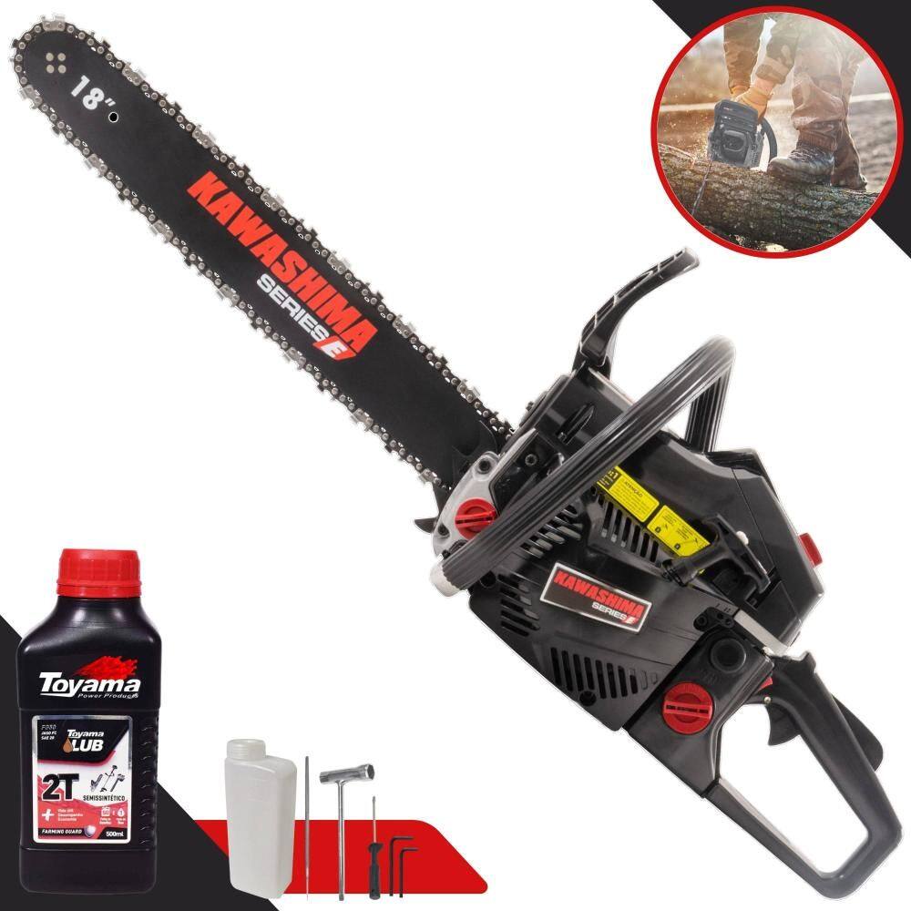 Motosserra Profissional Kawashima KCS 580E À Gasolina 2T 54cc Alta Potência e Rotação Ideal Para Corte de Árvores e Lenha + ÓLEO TOYAMA 2T