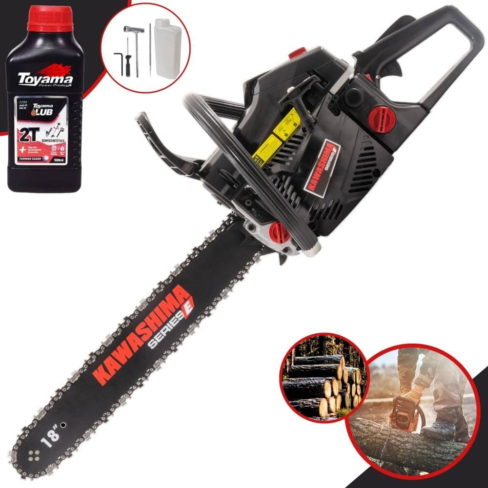 Motosserra À Gasolina Kawashima KCS 580E 54cc Alta Potência e Rotação Com Sabre 18’` Sistema Antivibração e Carcaça de Alumínio + ÓLEO TOYAMA FG50