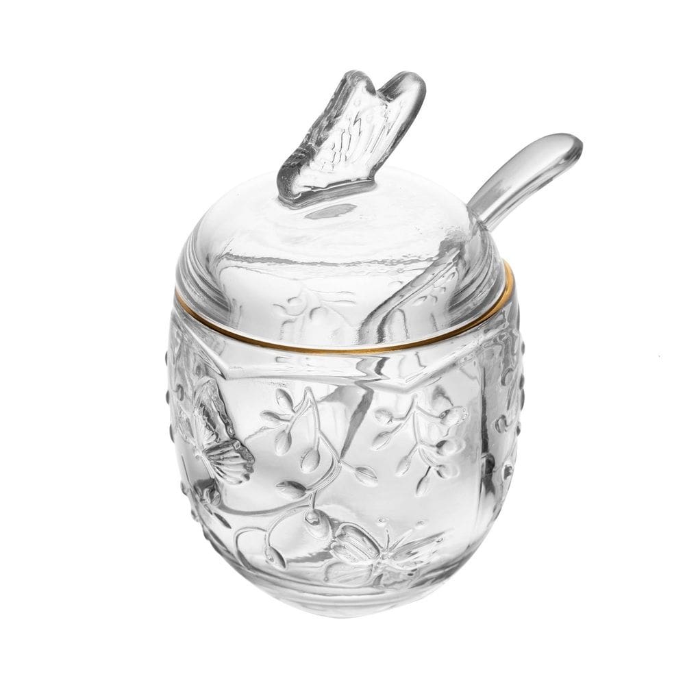 Açucareiro de Cristal C/Colher Plástica New Butterfly Transparente C/Fio de Ouro 13x9cm Lyor