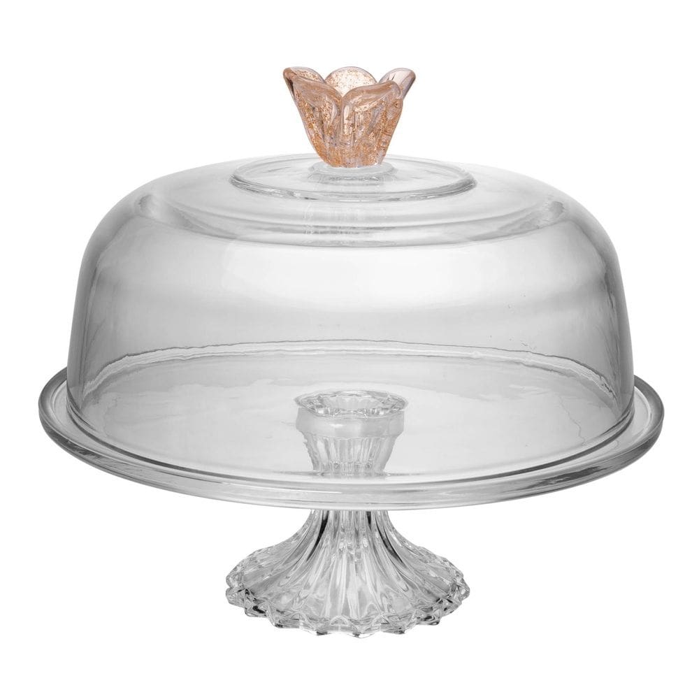 Prato de Cristal C/Pé e Tampa P/Bolo Flower Transparente 30x29cm Wolff