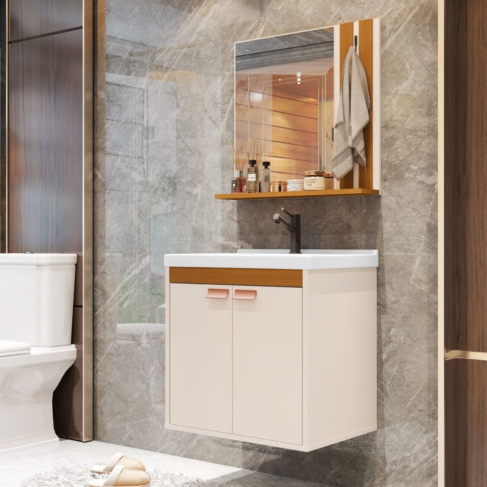 Conjunto Gabinete de Banheiro com Espelheira com Cuba Pallas Pérola com Nature - Rede Móveis