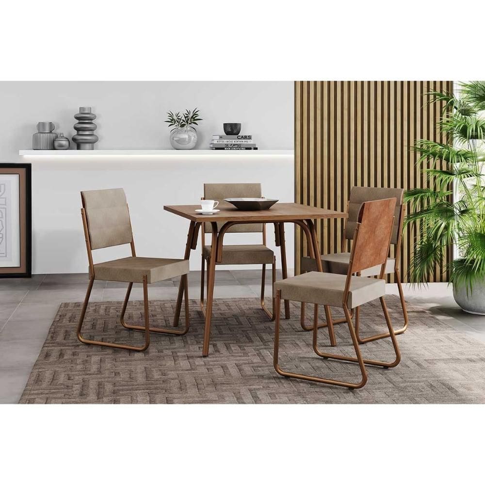 Conjunto: Mesa de Cozinha 1569 Aço c/ Tampo Madeirado 90x90cm e 4 Cadeiras 1736 Rose/Freijo - Rose/Areia - Caramelo - Carraro