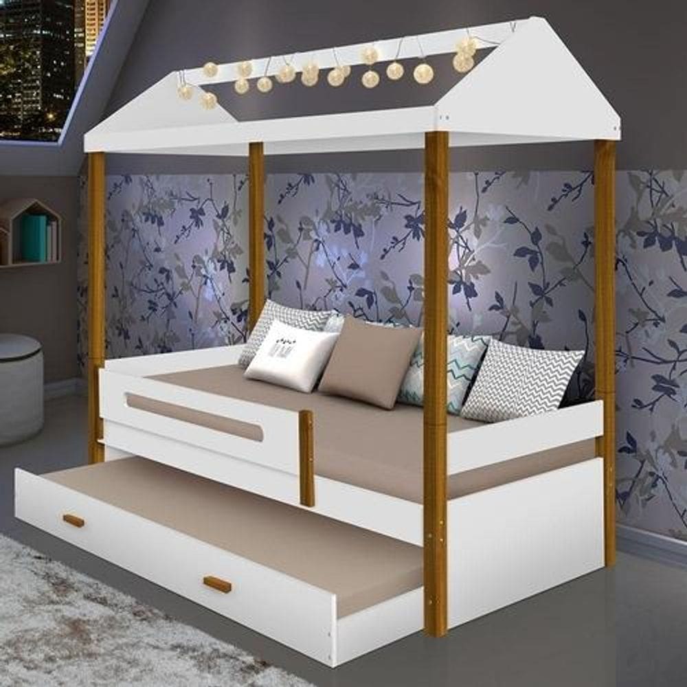 Cama Solteiro Sara Branca Com Cama Auxiliar E Led