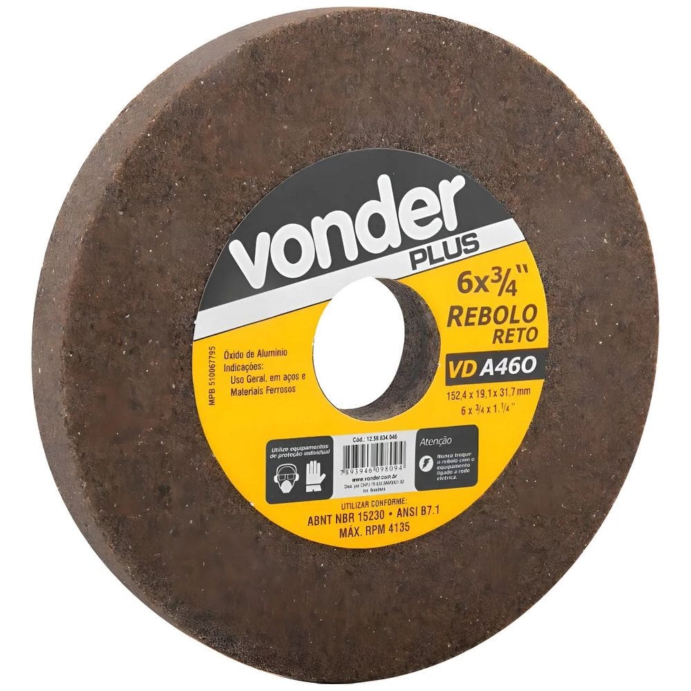 Rebolo Reto 6``x3/4`` Grão 46 Marrom Vonder - 12.59.634.046