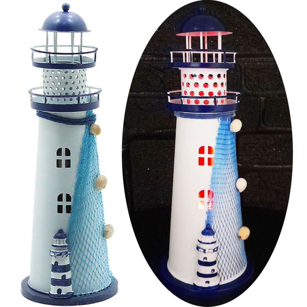 Farol Marítimo Artesanal Enfeite Náutico Metal Com LEDs 30cm