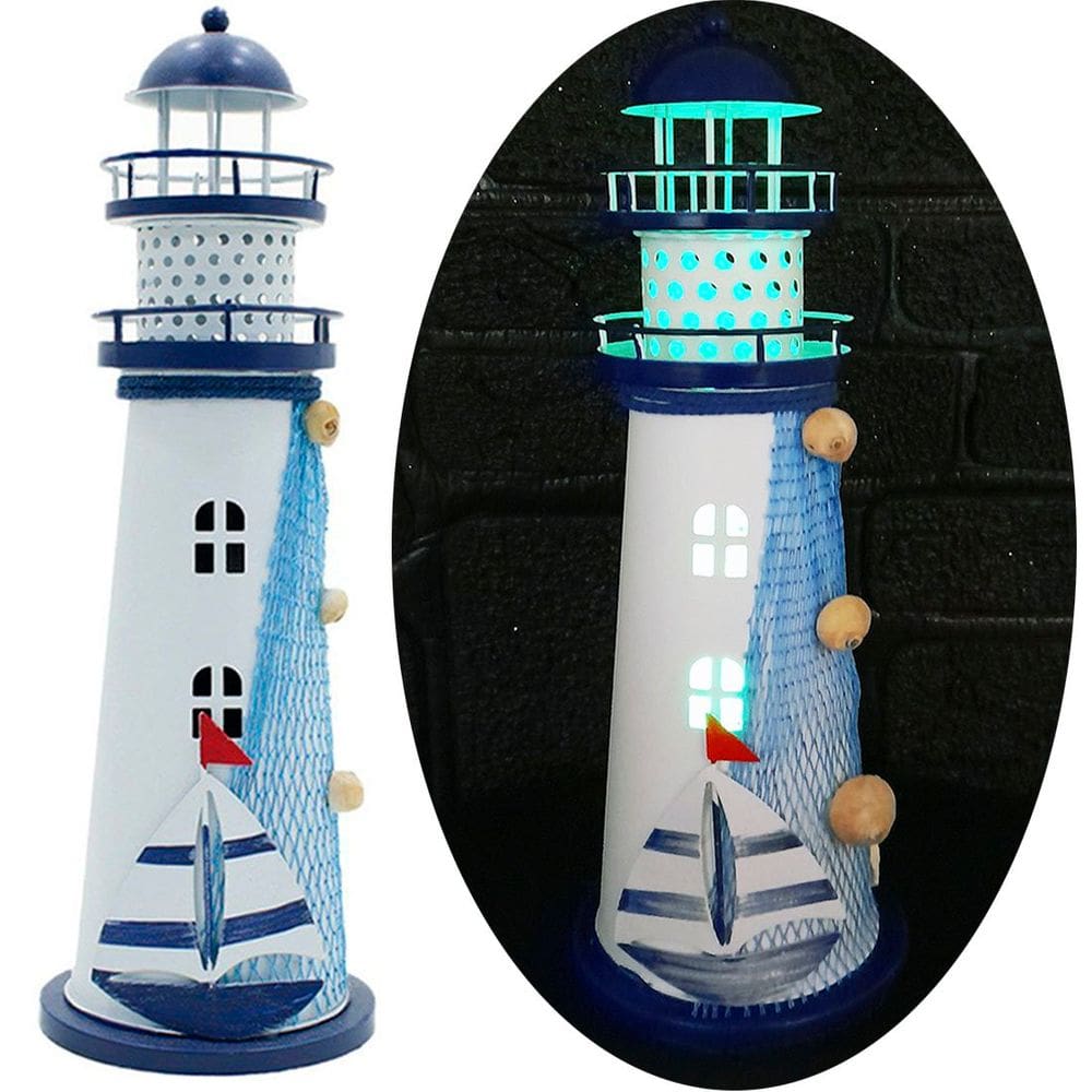 Farol Marítimo Artesanal Metal Enfeite Náutico Com LEDs 30cm
