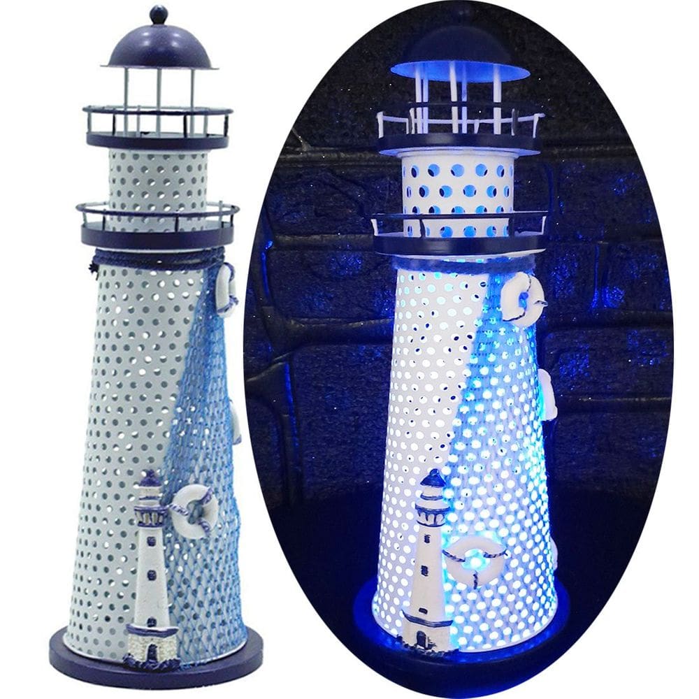 Farol Marítimo Artesanal Enfeite Náutico Metal Com LEDs 30cm