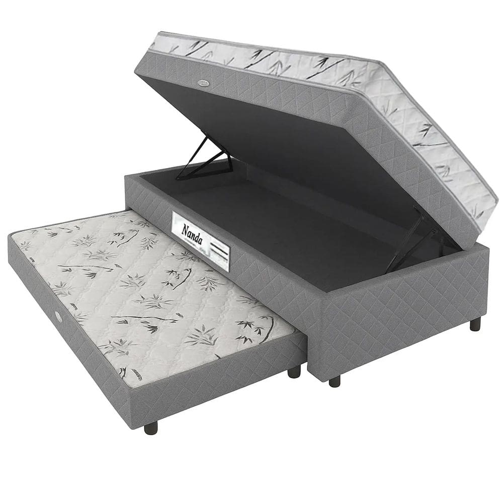Cama Box Nanda Solteiro com Baú e Auxiliar 62x188x88 Somopar Cor Branco com Cinza