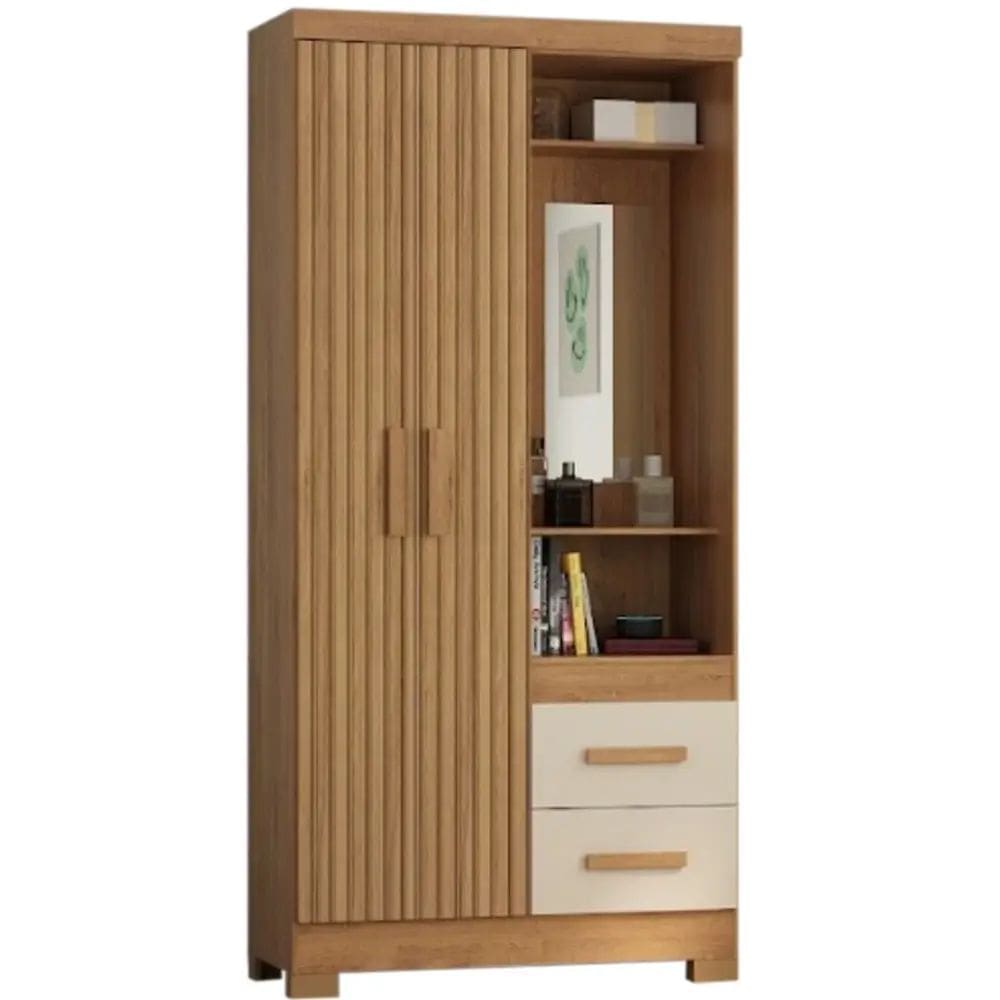 Guarda Roupa Capelinha Atualle Solteiro com Espelho 2 Portas 2 Gavetas Cor Canelato Rústico 3D Off White