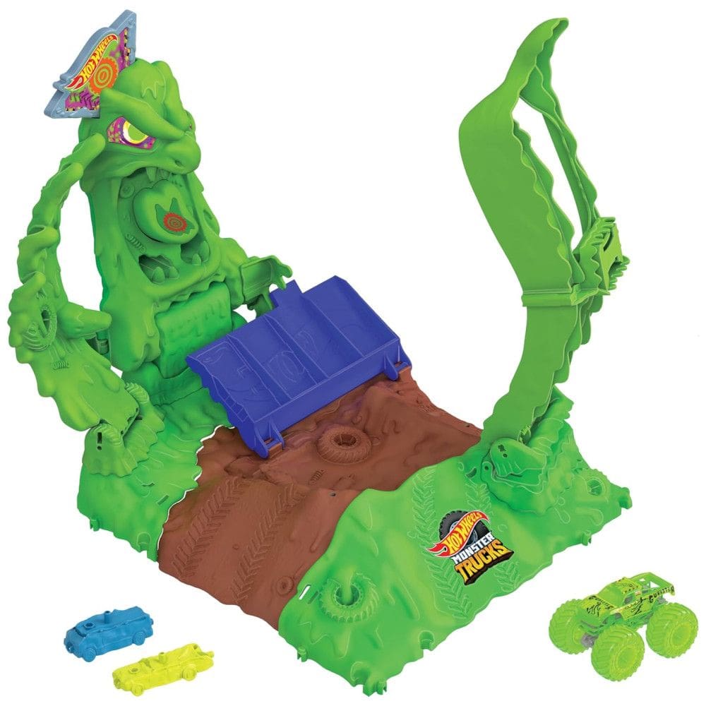 Pista Monster Trucks Arena Smashers que Brilha no Escuro, Esacala 1:64 com 1 Caminhão Gunkster que Brilha no Escuro e 2 Carros, Hot Wheels