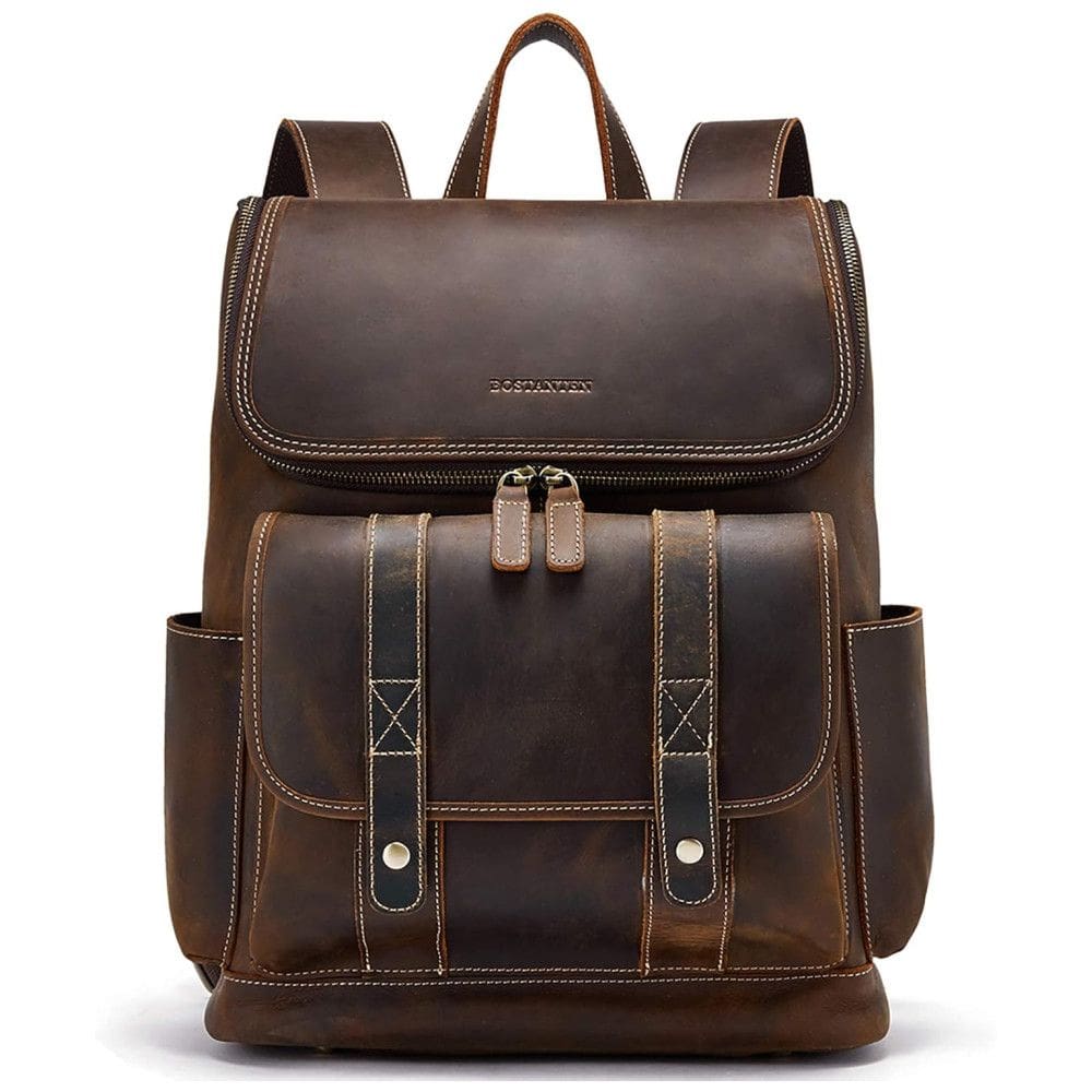 Mochila Vintage de Couro para Laptop Masculina, BOSTANTEN, Marrom