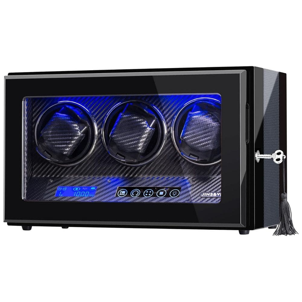Caixa, Estojo Rotativo Automático para Relógios com Luz e Painel de Controle, 3 Lugares, JINSVICO JV 30 NEW, Preto