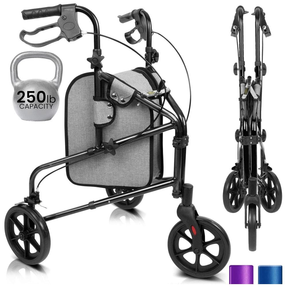 Andador Adulto Idoso 3 Rodas Vive Mobility com Bolsa, Suporta até 113 Quilos, Preto