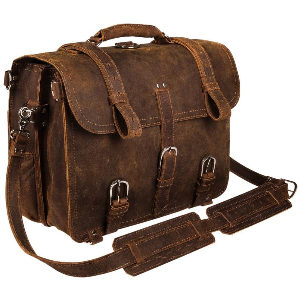 Bolsa Maleta de Couro Unissex para Laptop, AUGUS, Marrom