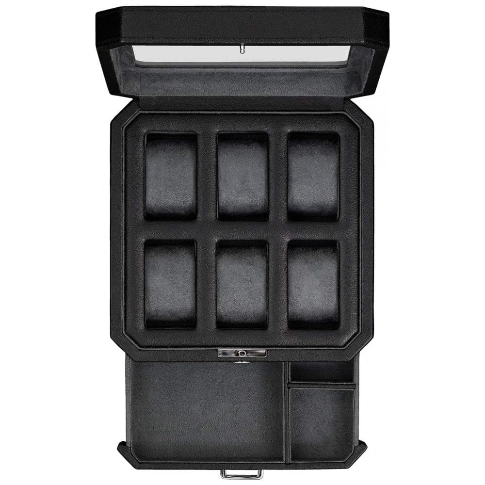 Caixa, Estojo de Couro e Tampo de Vidro para Relógios com 6 Compartimentos, ROTHWELL, Preto