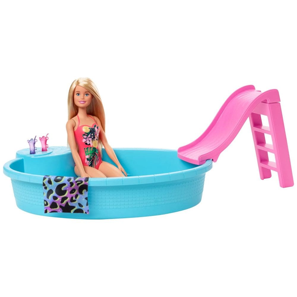 Boneca Barbie com Piscina, Escorregador, Acessórios para Bebidas e Toalha, Rosa