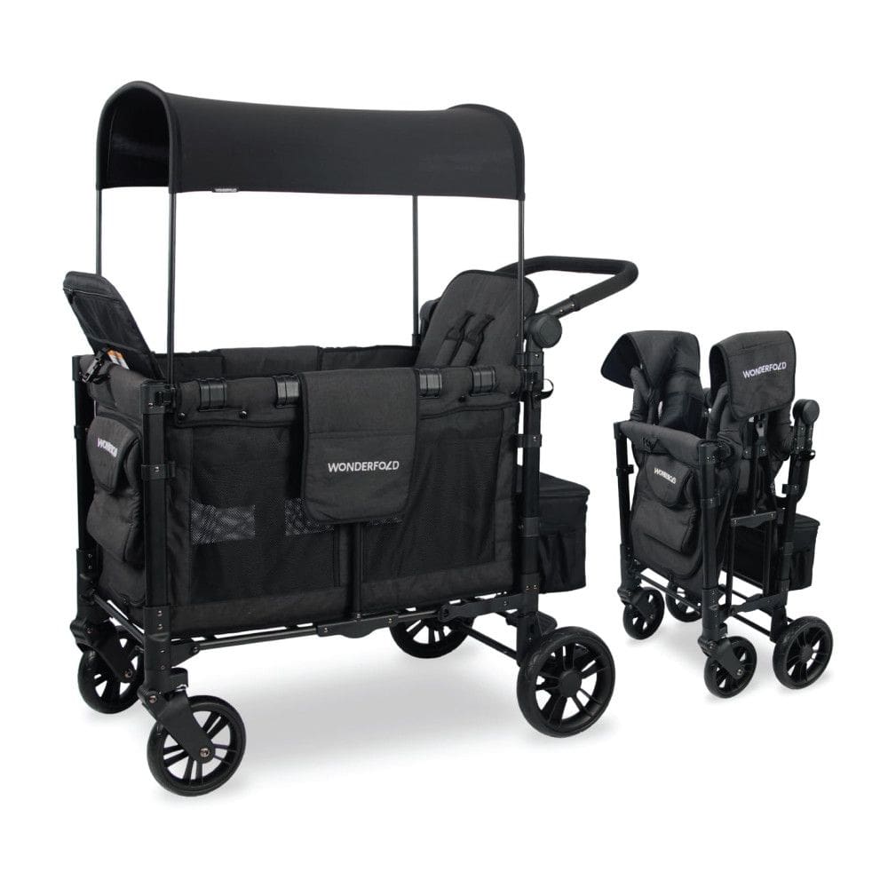 Carrinho de Passeio para 2 Crianças Multifuncional com Cobertura Removível e Dobramento, até 90 kg, WONDERFOLD W2, Preto