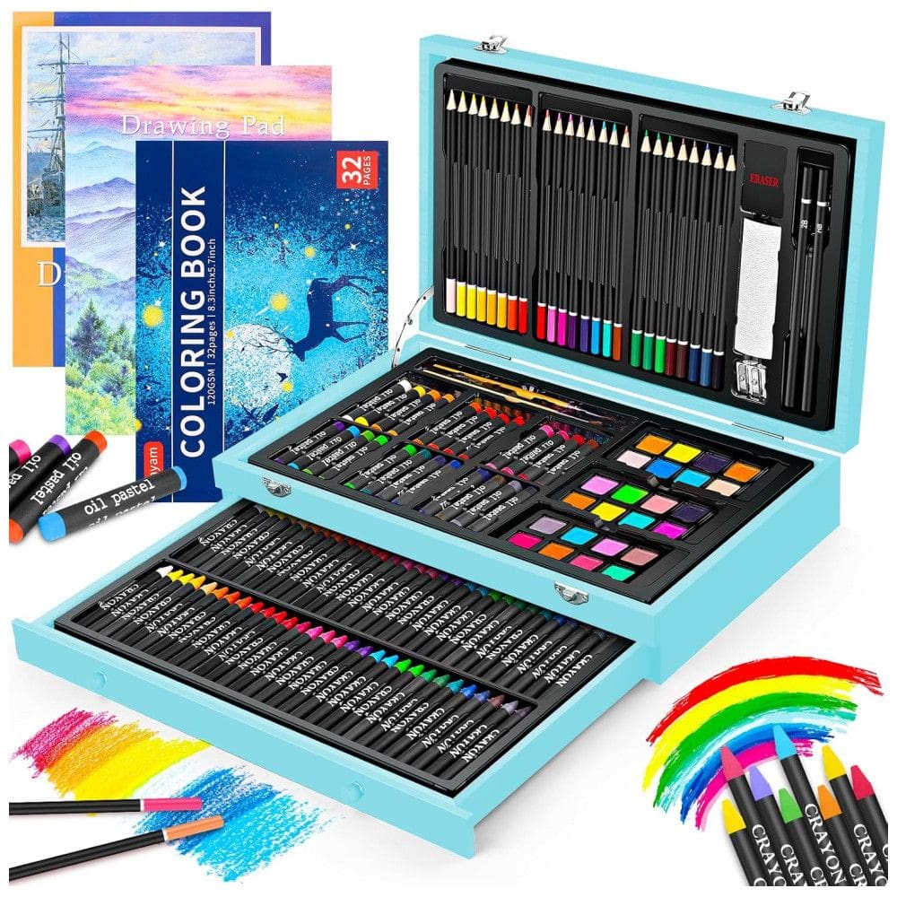 Kit Lápis de Cor Profissional com Maleta de Madeira 150 peças Tintas Acrílicas, Aquarela, IBAYAM, Azul