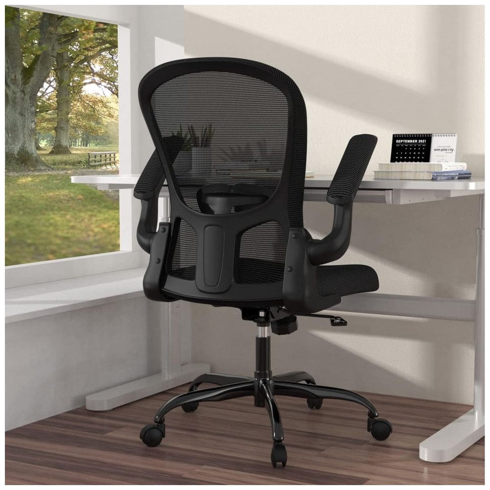 Cadeira de Escritório Ergonômica em Malha Respirável com Apoio de Braços Dobráveis, Silybon, Preta