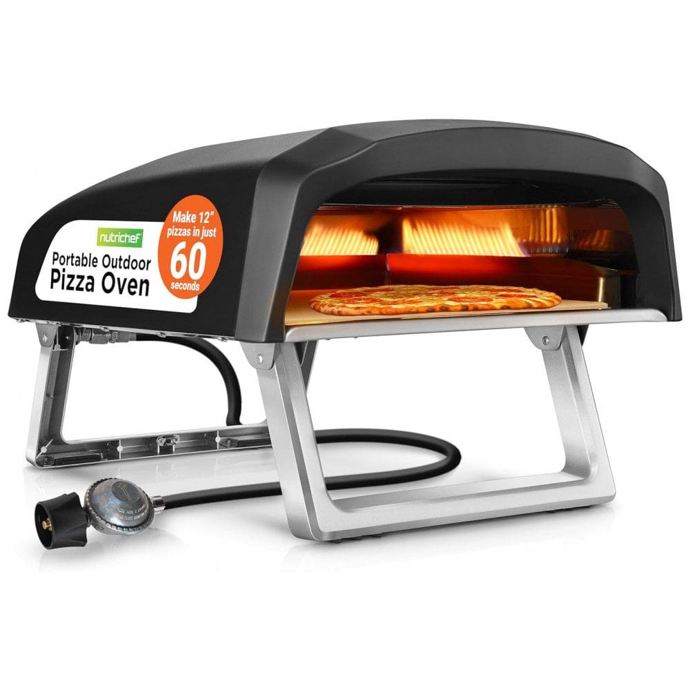 Forno de Pizza a Gás Portátil com Queimador, Pedra e Regulador, NutriChef NCPIZOVN, Preto
