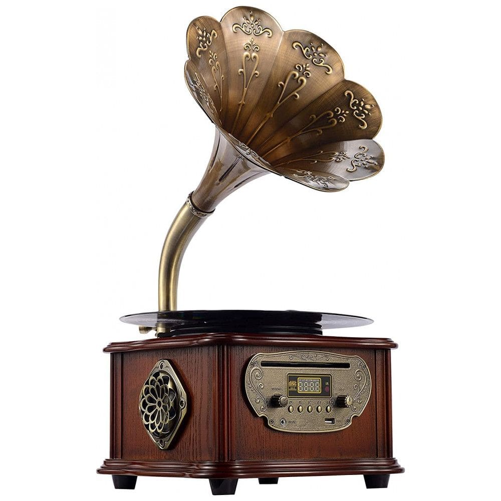 Gramofone Toca Discos Retro com Alto Falantes e Controle de Sistema, 110V, Marrom