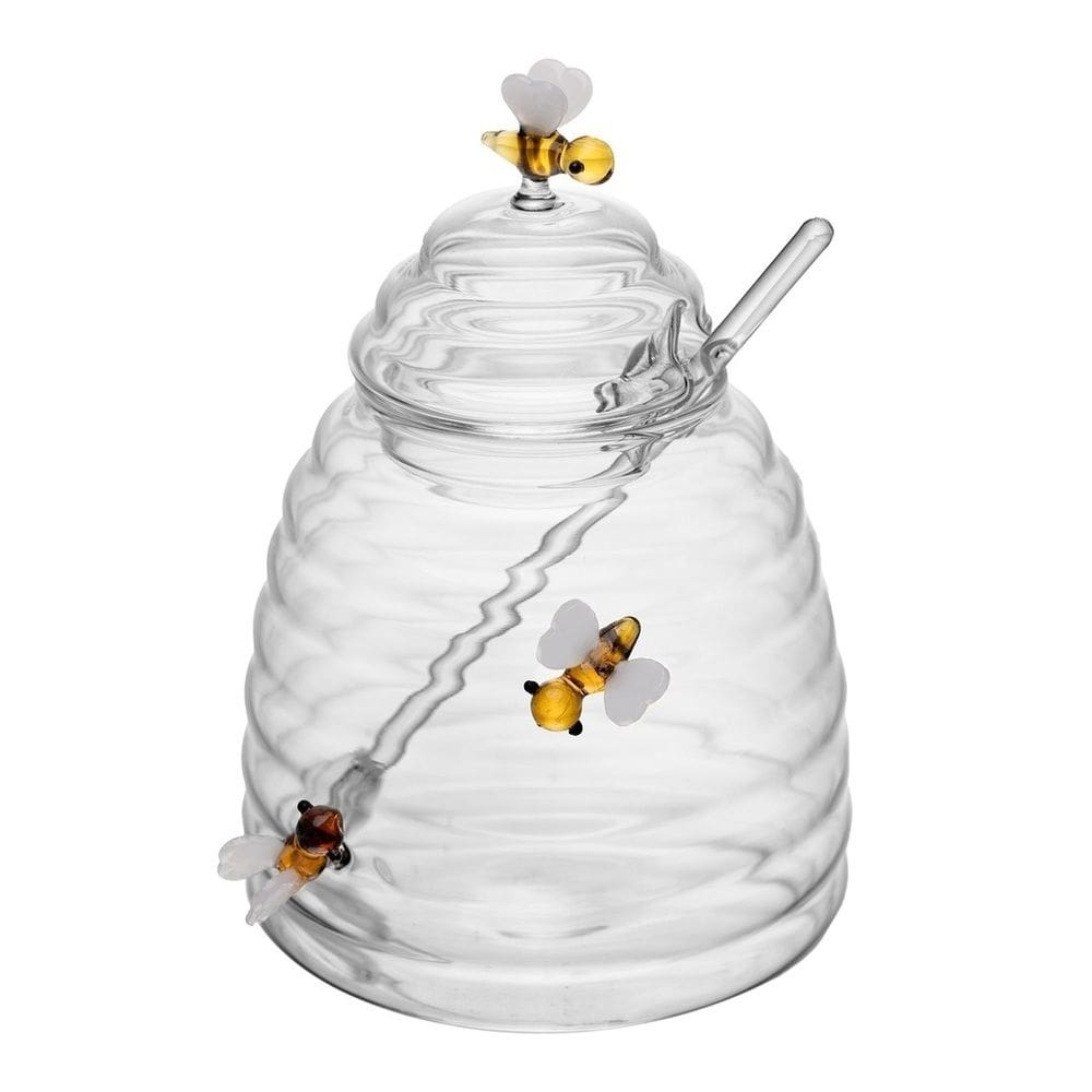 Açucareiro de Vidro Canelado C/Colher Lovely Bee Transparente 14x10cm Lyor