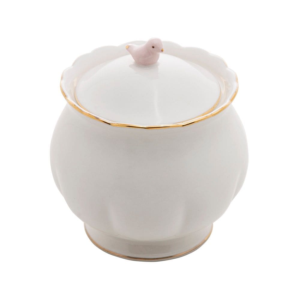 Açucareiro de Porcelana Branca Birds Design Plate Colorido 11x10cm Wolff