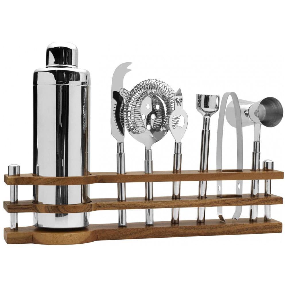 Kit Bartender Profissional 8 Peças em Aço Inoxidável com Suporte de Madeira, Mikasa, Prata