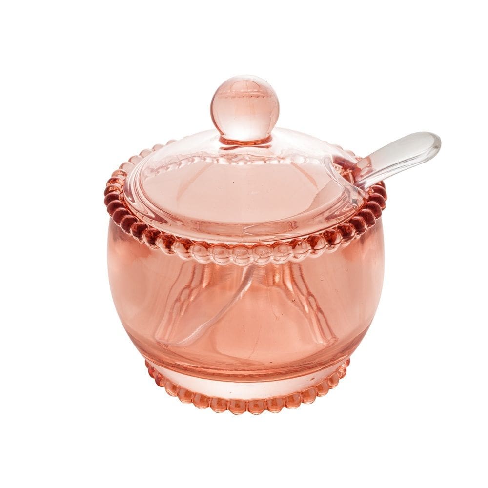 Açucareiro de Cristal C/Colher Plástica Pearl Bolinha Rosa 11x10cm Wolff