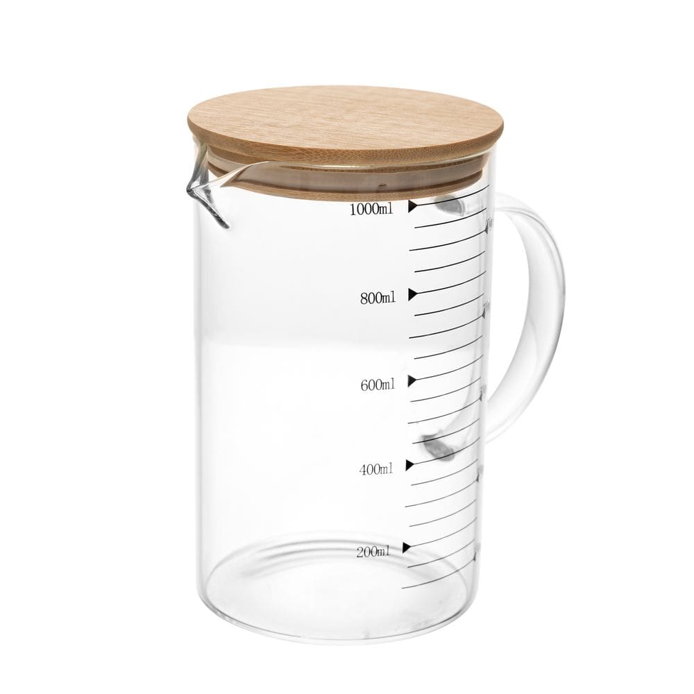 Jarra de Vidro Medidora C/Tampa Hermética de Bambu 1 Litro Wolff