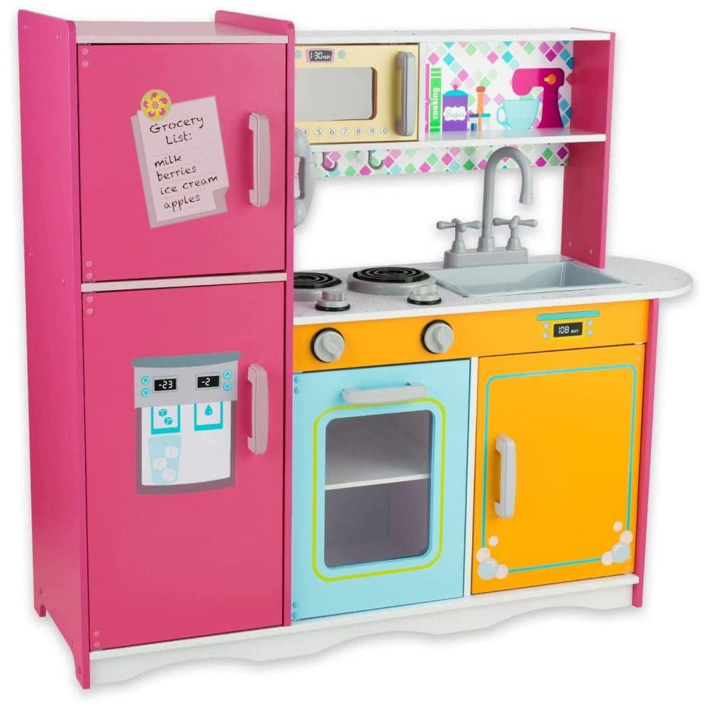 Cozinha Infantil de Madeira com Telefone, Torneira e Pia Realistas para Crianças de 3 a 8 Anos, WoodenEdu, Amarela e Rosa