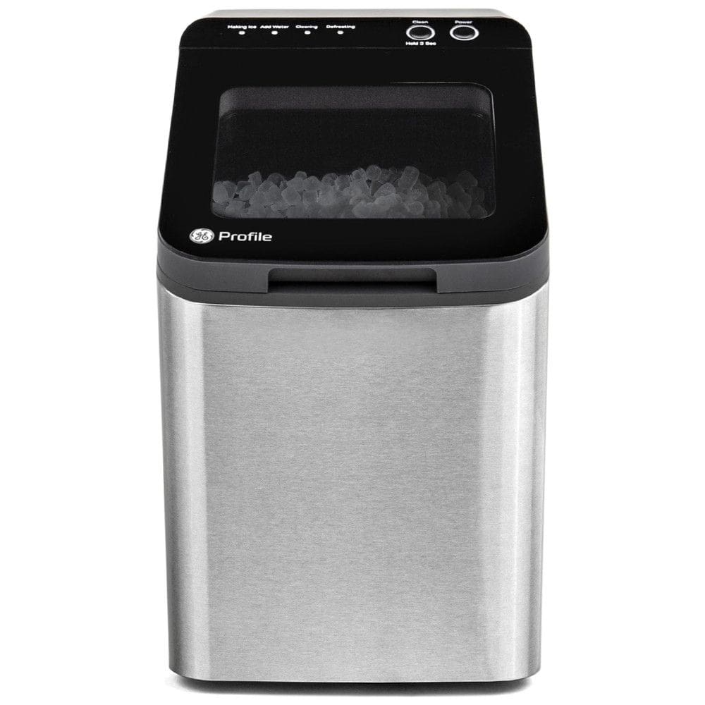 Máquina de gelo 15,4 kg por Dia com Acabamento em Aço Inoxidável, 110V 360W, GE PROFILE, Preta e Prata