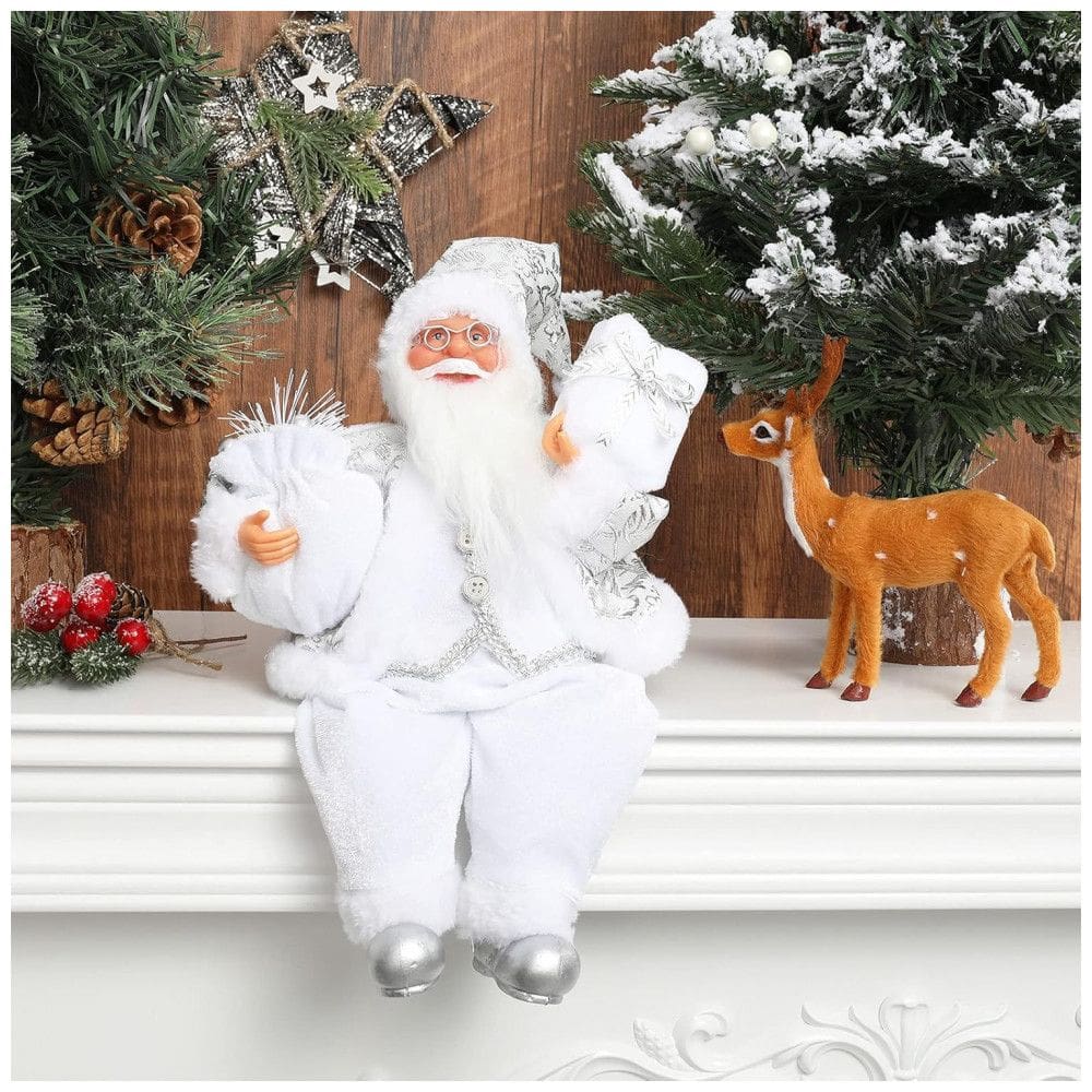 Enfeite de Natal AnyDesign: Papai Noel Sentado Artesanal com Casaco Branco e Prata, Bolsa de Presente e Presentes, Decoração Natalina para
