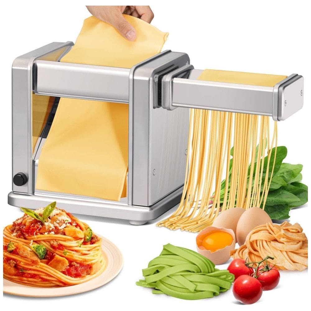 Máquina de Macarrão Elétrica em Aço Inoxidável com Cortador de Rolos Ajustável 7 Espessuras 2 Larguras para Spaghetti, Fettuccini