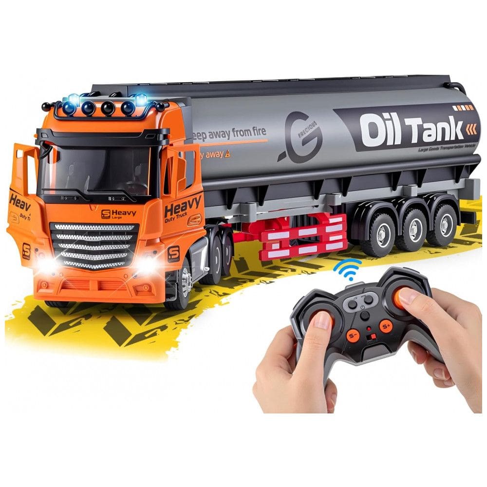 Caminhão Semi Truck de Controle Remoto com 9 Canais e Reboque de Metal, Caminhão Tanque de Óleo com Controle Remoto 2.4Ghz, Luzes e Sons