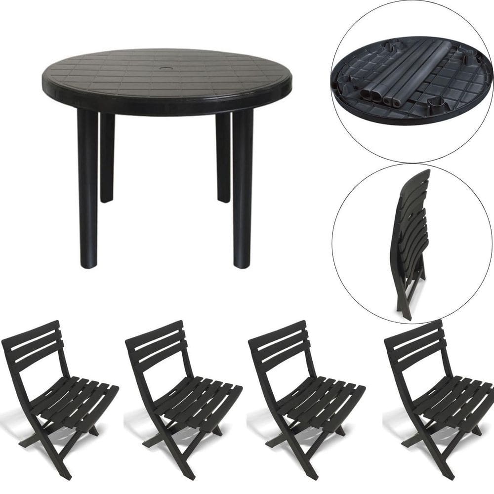 4 Cadeira 1 Mesa Redonda Área Lazer Preta Desmontável 25389