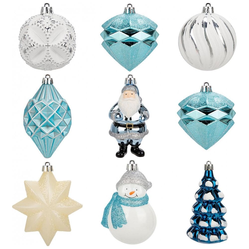 Conjunto de 9 Enfeites de Natal Azul e Branco para Árvore de Natal, Bolas de Decoração de Boneco de Neve, Papai Noel e Estrela de Belém