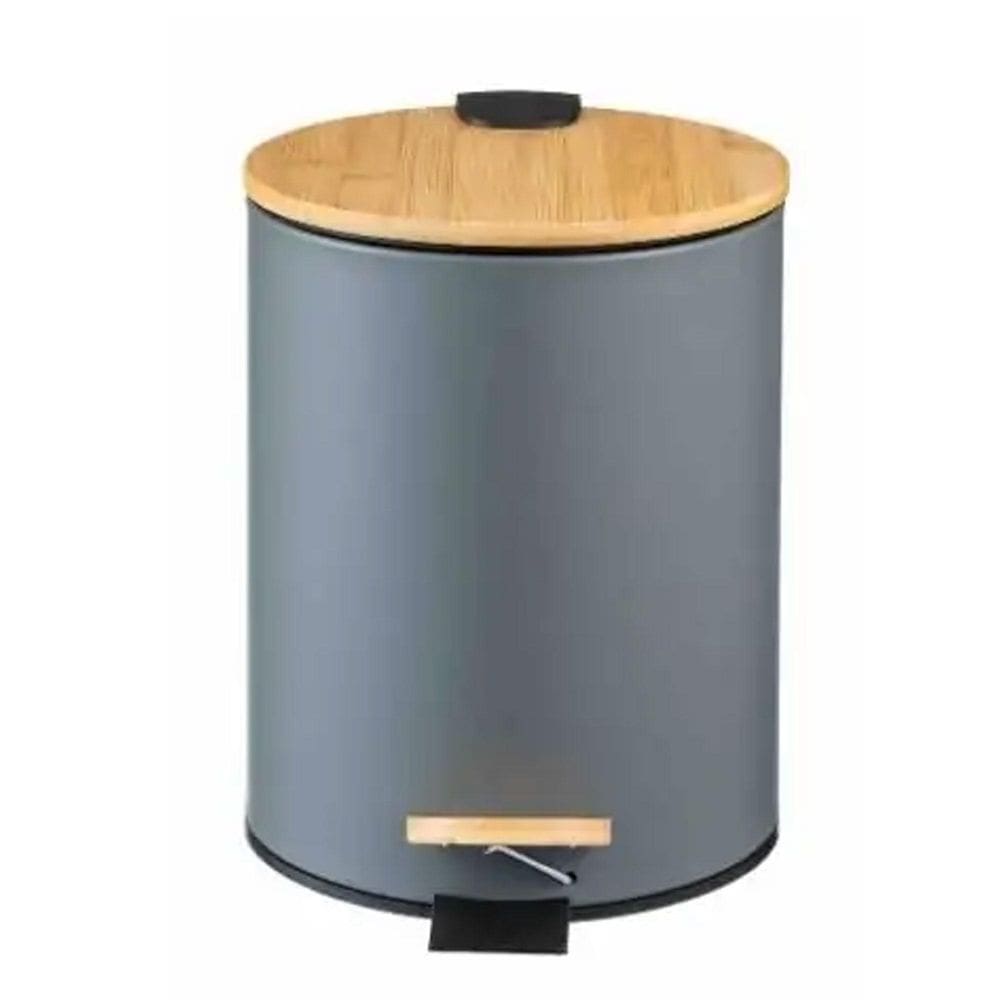 Lixeira Em Inox E Tampa Bambu 12 Litros Com Pedal Cinza