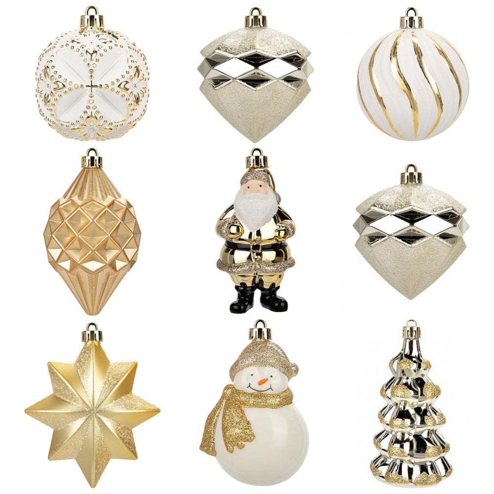 Conjunto de 9 Bolas de Natal Douradas para Árvore, com Temas Variados, Decorativas e Anti-quebra, Villa Como