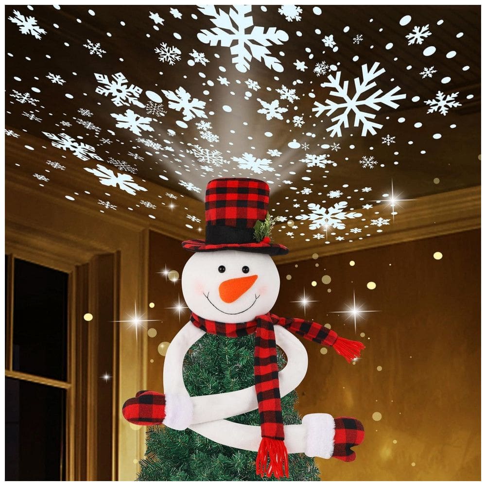 Topo de Árvore de Natal Juegoal com Boneco de Neve e Projetor LED de Flocos de Neve Incorporado, Chapéu de Aba Larga e Boneco de Neve