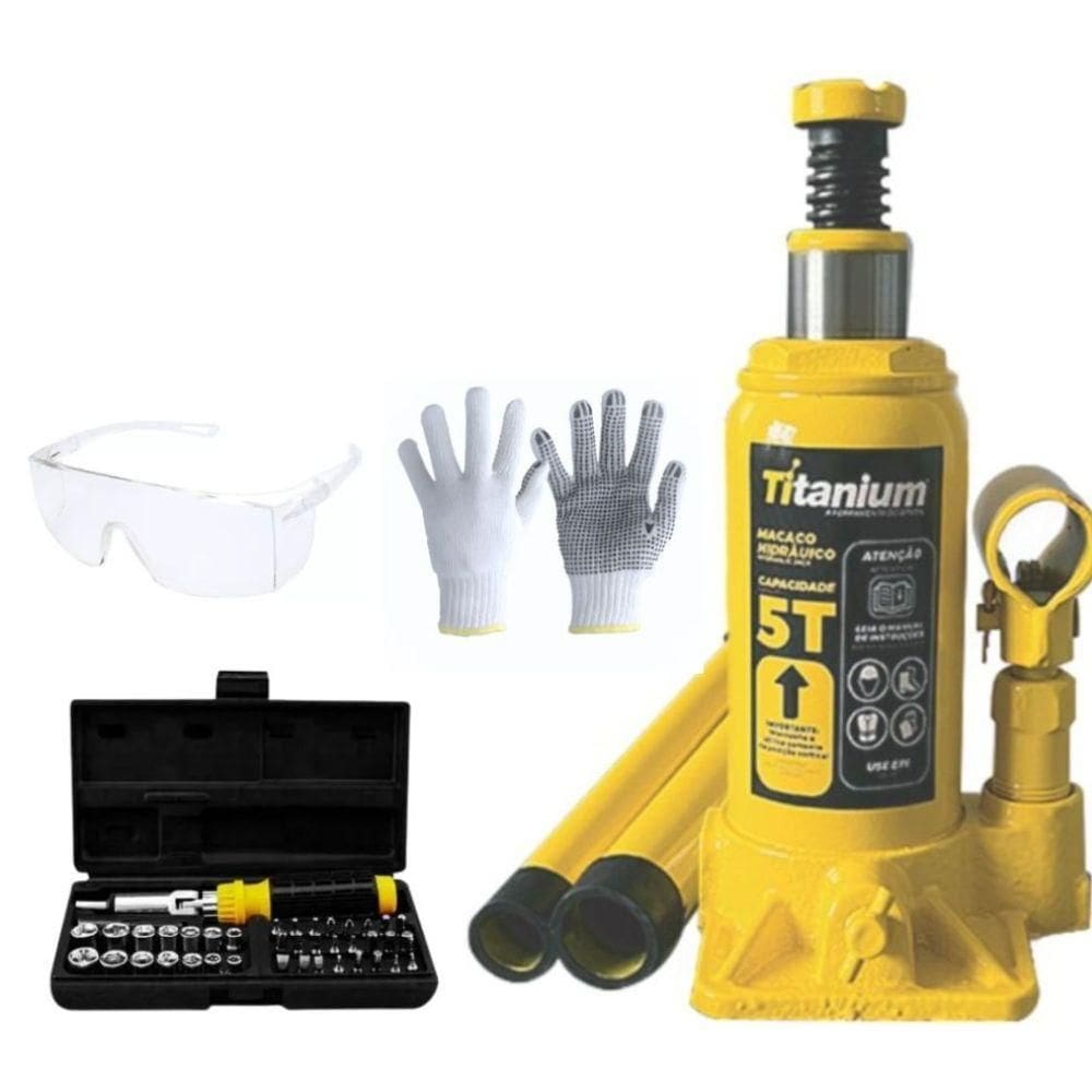 Macaco Hidráulico Tipo Garrafa 5 Ton + Jogo De Chaves 40 Pçs