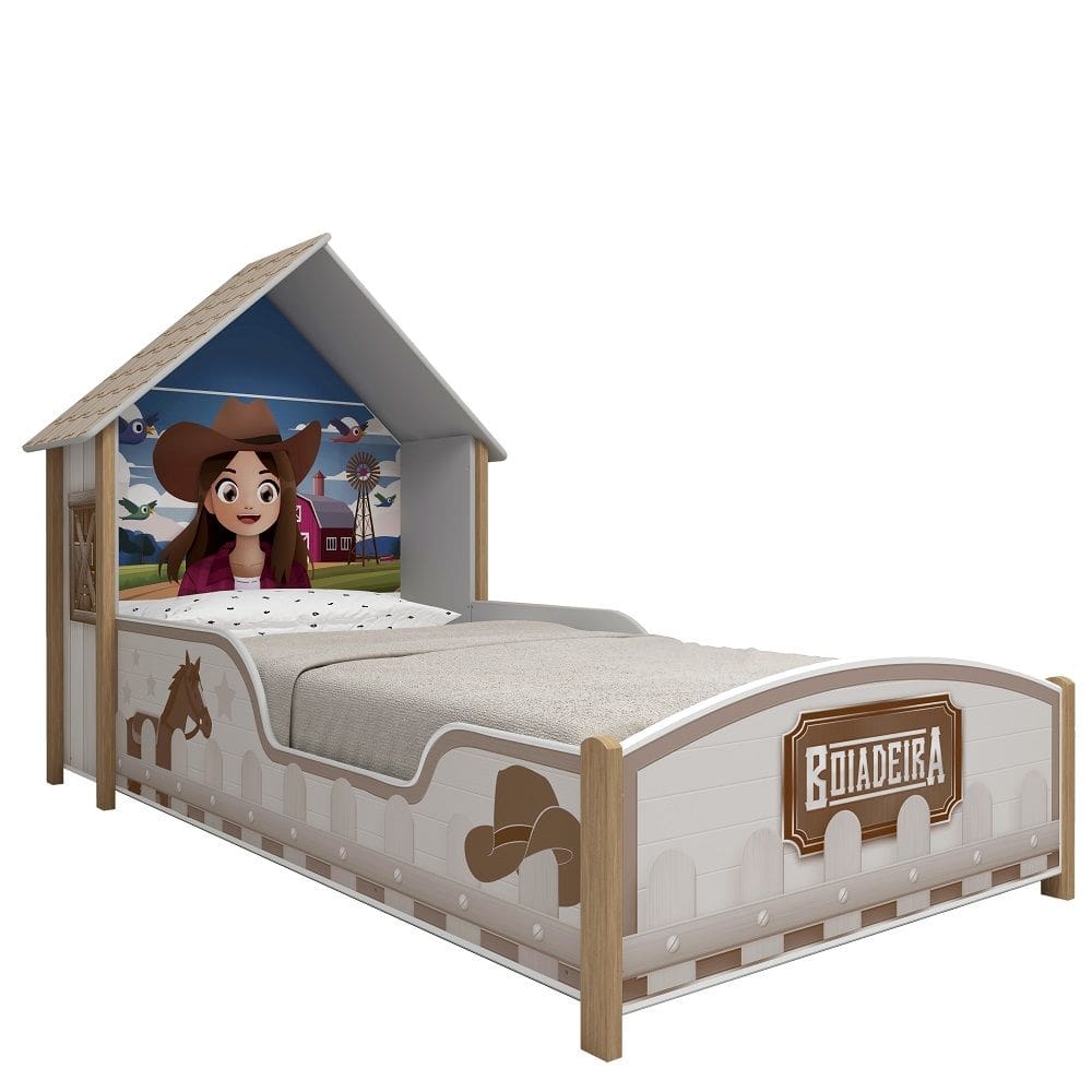 Cama infantil com proteção lateral e cabeceira Gelius Boiadeira 100% MDF pés de madeira maciça Branca