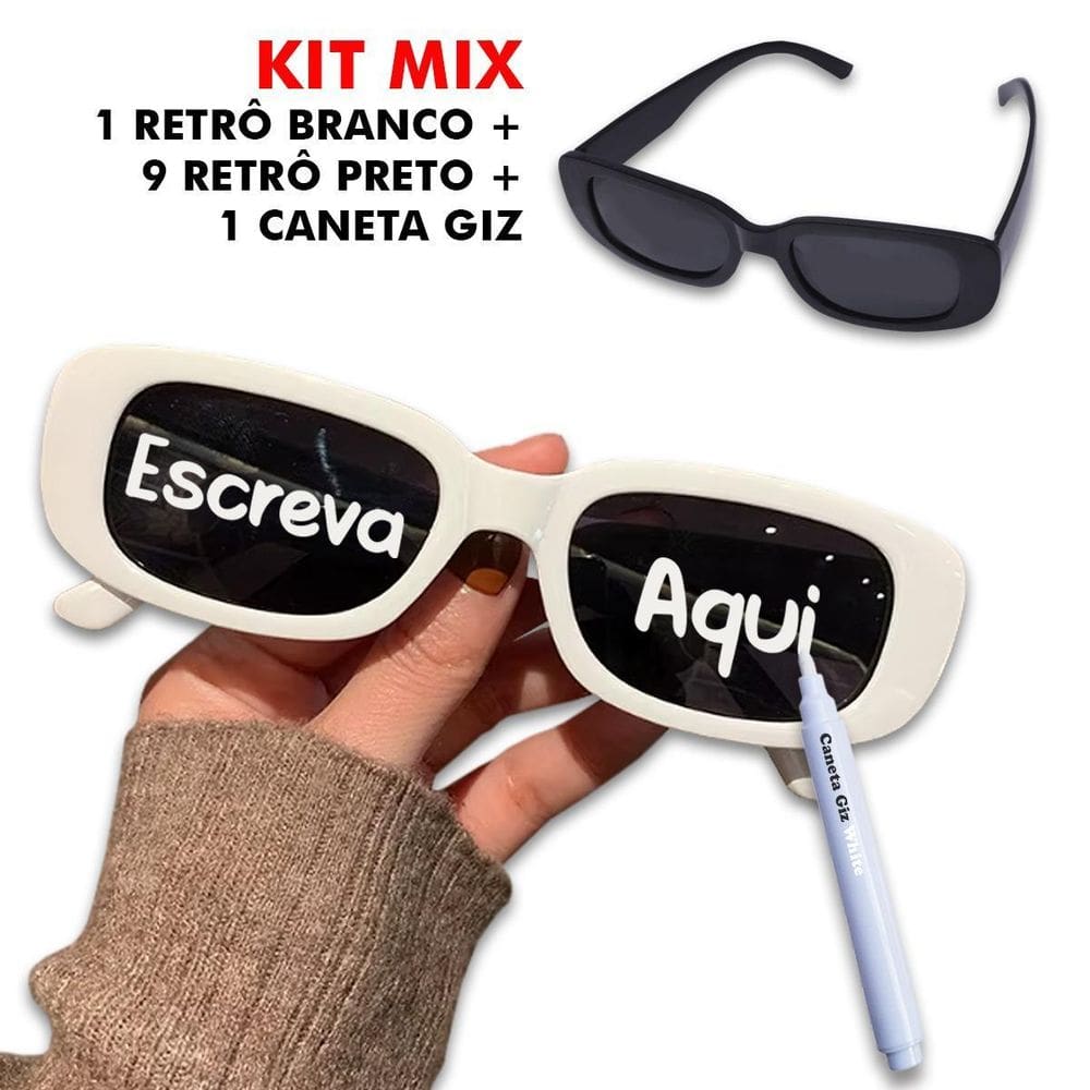 Kit 10 Óculos Retro 9 Pretos E 1 Branco + 1 Caneta Giz Rave