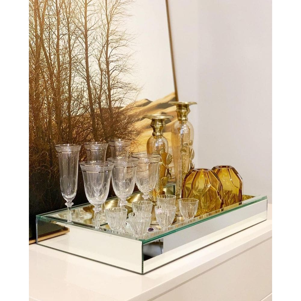 Bandeja Grande Espelhada Vidro Prata Luxo Decoração 60X35
