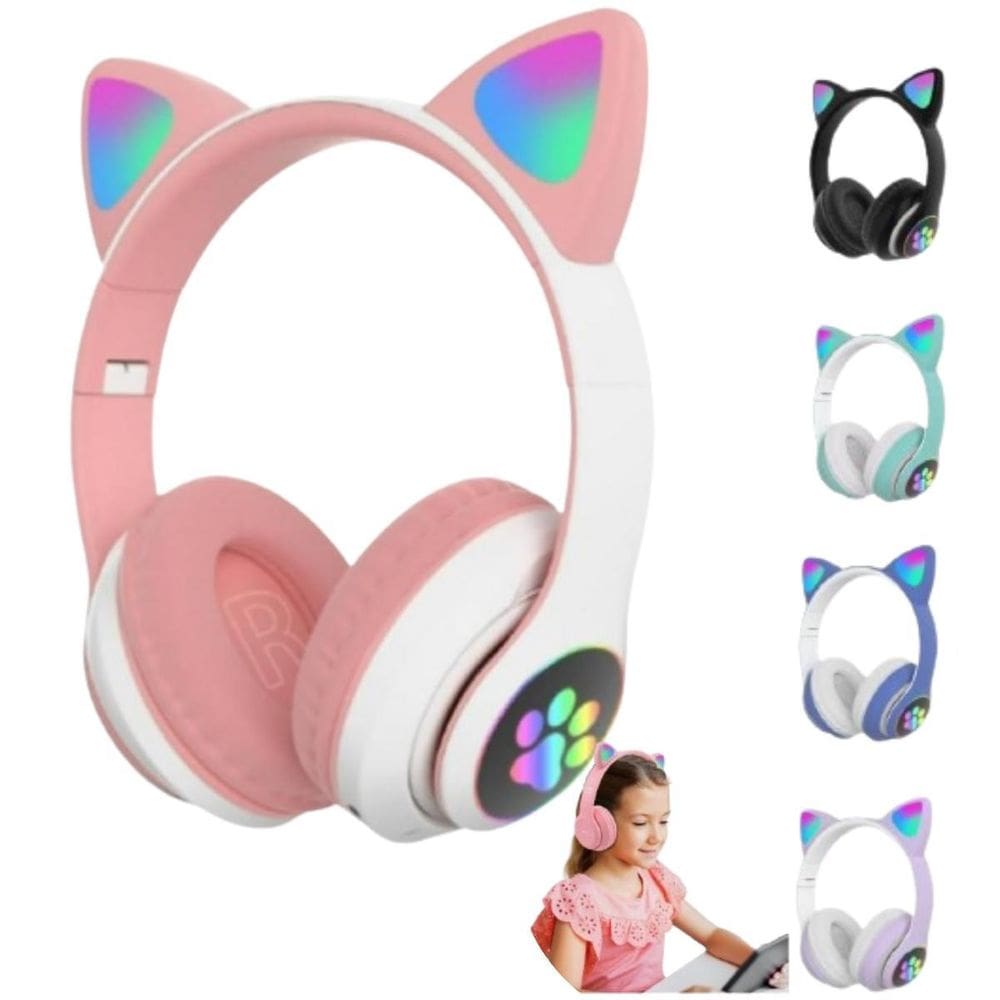 Fone Ouvido Bluetooth Orelha Gatinho Infantil Rosa Led Rgb