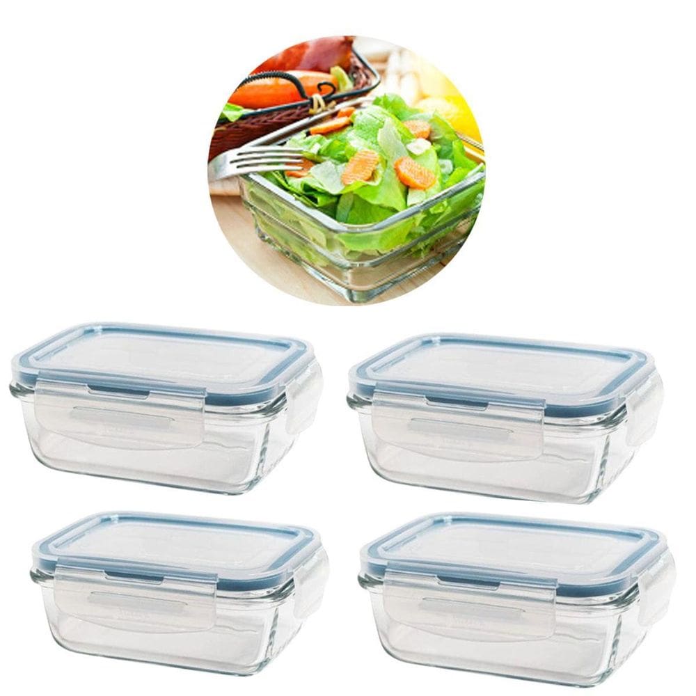 Kit 4 Potes De Vidro Hermético Retangular 640Ml