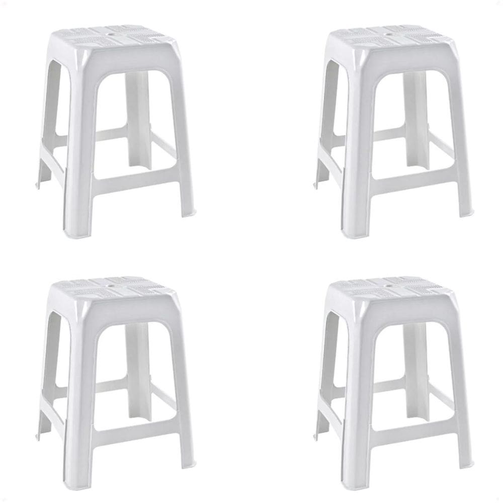 4 Banquetas Banco Plástico Resistente Branco Empilhável 46Cm